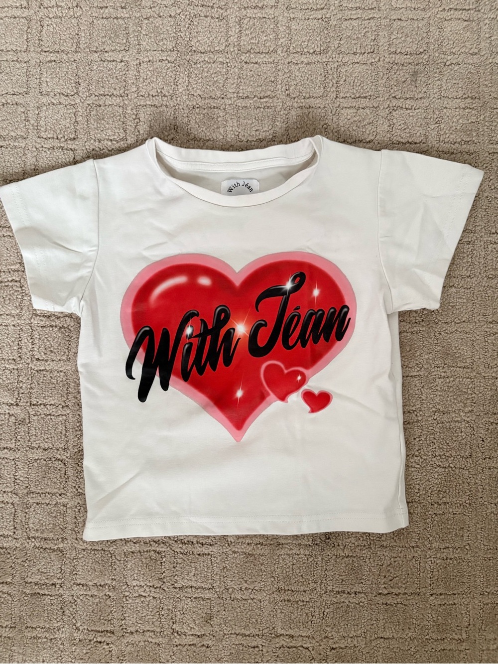 With Jean White Tee with Red Heart Graphic